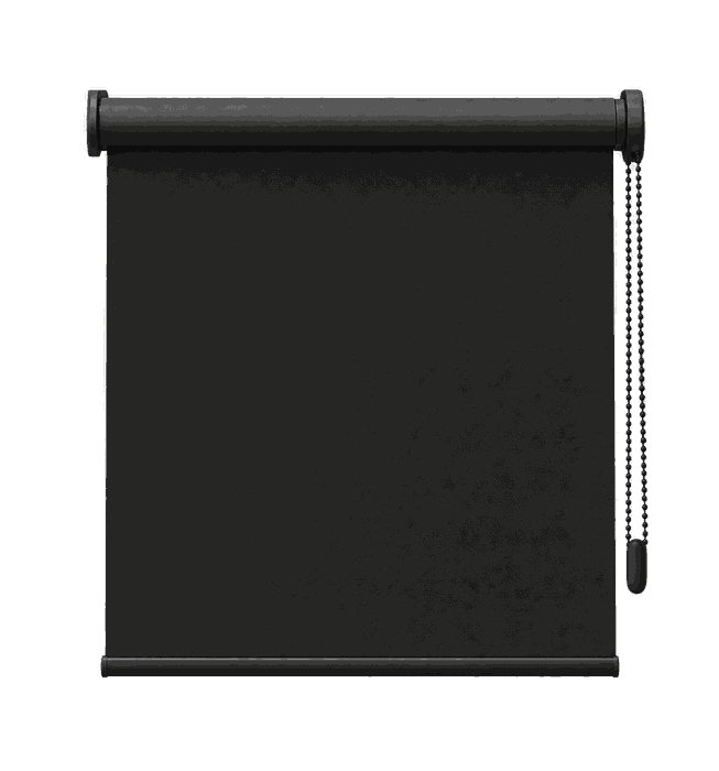 ม่านม้วนสีดำ MR Curtain — black roller blind, closed
