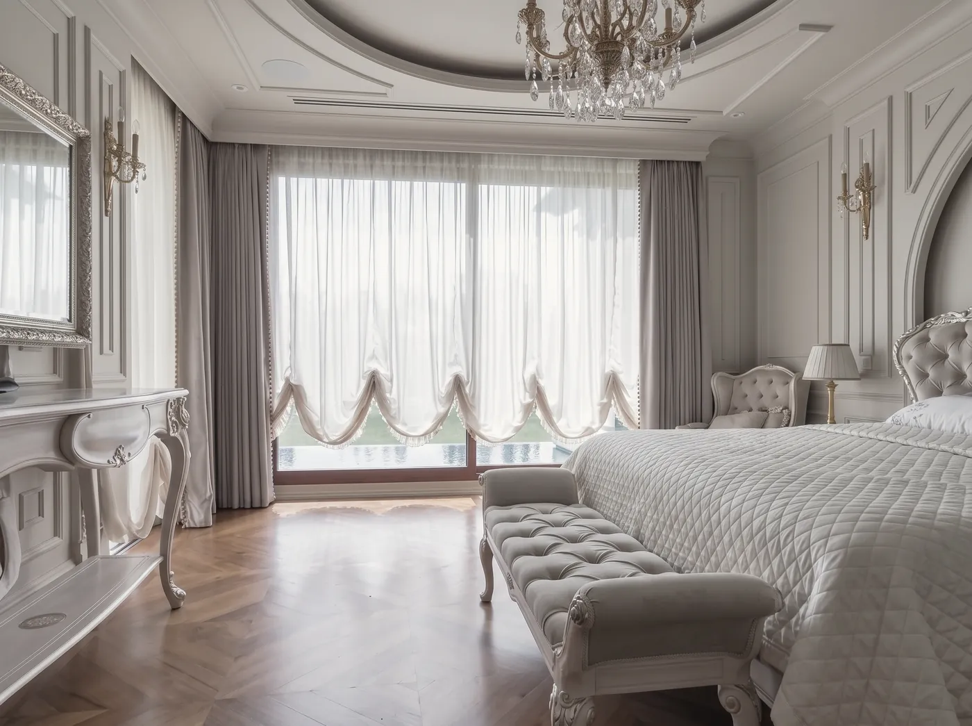 Bedroom, Roman shades layered with sheers
